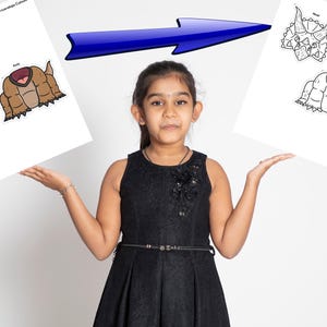 May include: A young person holds two white sheets with dinosaur head and body illustrations. One sheet shows a colored dinosaur, the other a black and white outline. A blue arrow points from the colored dinosaur to the outline.
