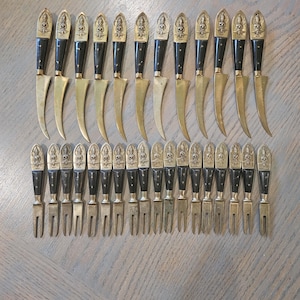 Vintage Thailand (Siam) Cocktail Charcuterie Knives (12) & Forks (18) Raised Buddha Design - FREE SHIPPING