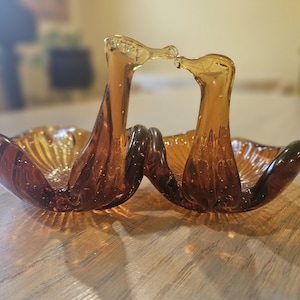 Vintage Amber Art Glass Kissing Swan Dish - Hand-Blown Candy or Trinket Bowl, Free US Shipping