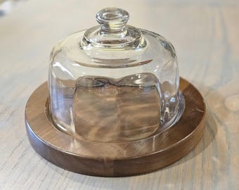 Vintage Glass Cheese Dome with Teak Wood Base | MCM Cloche Serving Board | Charcuterie Display