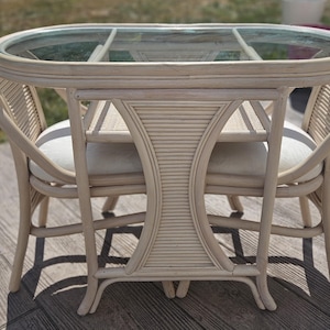 Vintage Rattan Bistro Set - Glass Top Table & 2 Chairs, Boho Coastal Wicker Dining Set- Local Pickup Only (19320)