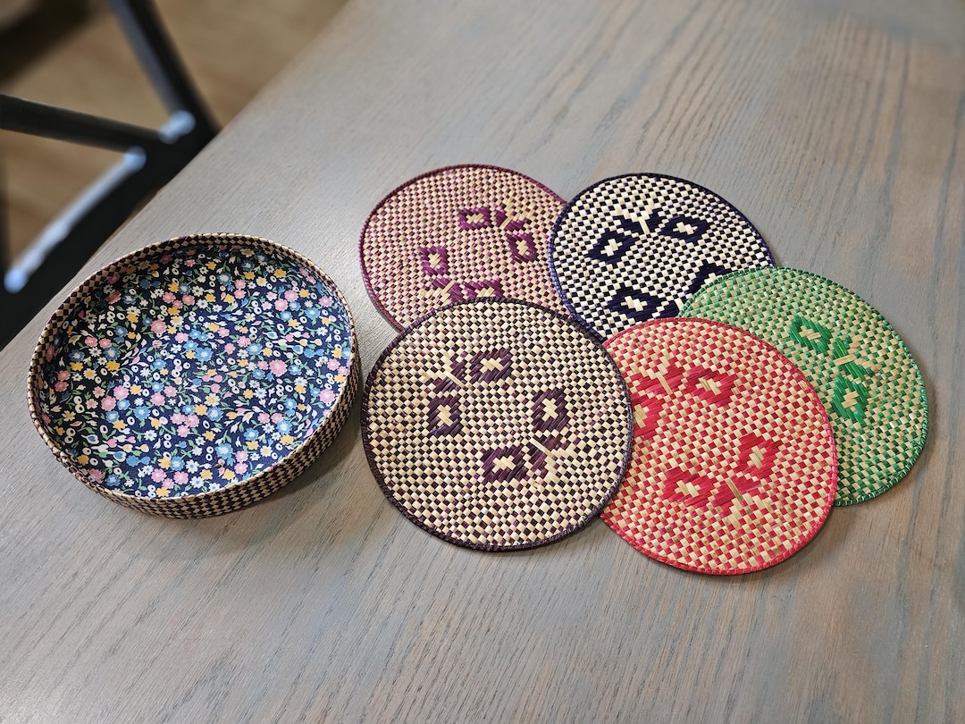 Vintage Rattan Trivets Set With Floral Basket Holder | Boho Kitchen ...