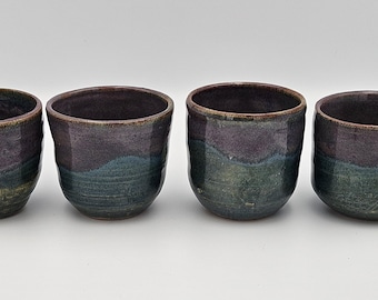 Signed Studio Pottery | Guinomi Sake Cups | Purple Teal Drip Glaze Agano Style Stoneware