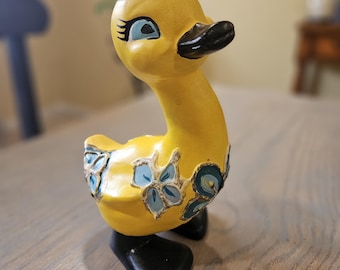 Vintage Hand-Painted Ceramic Duck Figurine – Blue Floral Design, Artist Signed – Collectible Bird Statue