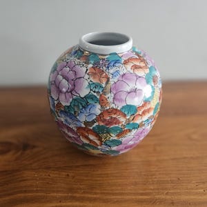 Vintage Hand-Painted Chinese Mille-Fleur Ginger Jar - Floral Porcelain Vase, Chinoiserie Accent, Free US Shipping
