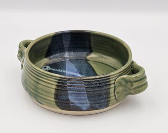 Vintage Mosquito Mud Pottery Brie Baker | Green Blue Glaze | Stoneware Cheese Baking Dish