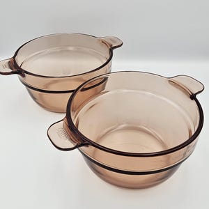 May include: Two matching round glass bowls with a translucent amber tint. Each bowl features two integrated side handles and a wide rim. The word VISION and the word FRANCE are embossed on one handle of each bowl, indicating the manufacturer.