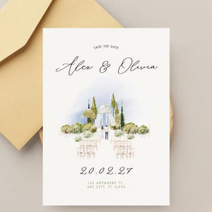 May include: A watercolor-style wedding invitation with the text "Save the Date" and the names "Alex & Olivia." The invitation features a scenic illustration of a ceremony setting with chairs, trees, and a gazebo. The date "20.02.27" and address are also included.