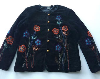 Giacca vintage Daniel K in velluto ricamato, nera, con stampa floreale, stile boho, artistico, stravagante e gotico, taglia L.
