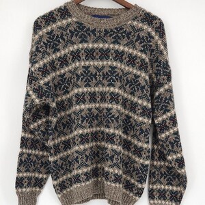 Vintage jaren 90 Honors Fair Isle trui voor heren, maat XL, geometrisch gebreid, aards, gorpcore, opa-stijl