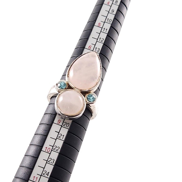 Anillo llamativo vintage de plata de ley con cuarzo rosa rosa y topacio azul, talla 7.5
