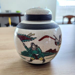 Vintage Chinese Warrior 5 inch Crackle Ginger Jar with Lid