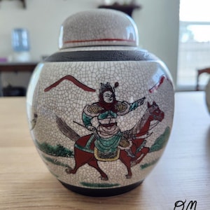 Vintage Chinese Warrior 5 inch Crackle Ginger Jar with Lid