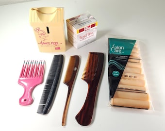 Zestaw kosmetyków do trwałej ondulacji w salonie Vintage Salon, dozowniki do papieru Fuji, grzebienie, wałki Avon
