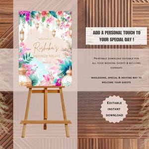 May include: Printable welcome sign for a Mehndi night celebration. The sign features a watercolor background with floral designs, lanterns, and the text "Welcome to Rishika's Mehndi Night 05.09.25".