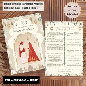May include: A printable wedding ceremony program template with a light brown background and floral accents. The front features a couple in traditional Indian wedding attire. The back includes a list of wedding ceremony events with the text "THE HINDU WEDDING PROGRAM FOR Preeti & Jayan".