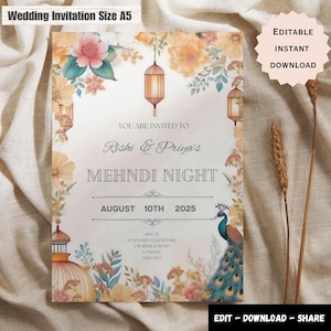 Könnte beinhalten: Eine Hochzeitseinladung für eine Mehndi-Nacht-Feier. Die Einladung zeigt ein Aquarelldesign mit floralen Elementen, Laternen und einem Pfau. Der Text lautet "Sie sind eingeladen zu Rishi & Priya's Mehndi Night, 10. August 2025, 18:00 Uhr im Stafford Manor Park, 2 Warwick Road, London, N9 0TP."