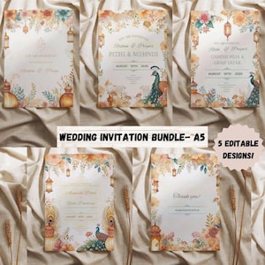Könnte beinhalten: Fünf editierbare Hochzeitskarten-Designs mit einem Aquarell-Blumenrand mit Pfauen und Laternen. Der Text auf den Einladungen lautet "Sie sind eingeladen zu Rohan & Priya's Pithi & Mehndi am 10. August 2025", "Sie sind eingeladen zu Rohan & Priya's Ganesh Puja & Grah Satak am 10. August 2025", "Anuradha Patel & Rishi Pantoria am 10. August 2025" und "Vielen Dank! Bitte melden Sie sich bis zum 25. Juli an".