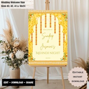 Cartello di benvenuto giallo Mehndi, cartello Mehndi, cartello Haldi, cartello di benvenuto Sangeet, cartello Dholki, cartello di benvenuto Haldi, cartello di benvenuto per matrimonio indiano.
