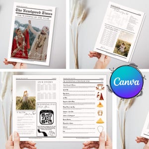 Szablon gazety o ślubach indyjskich zawiera program ślubu indyjskiego, program ślubu hinduskiego, indyjską ceremonię ślubu, grę krzyżówkową o ślubie.