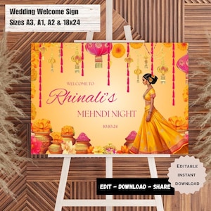 Letrero de bienvenida de Mehndi, letrero de Mehndi, letrero de Haldi, letrero de bienvenida de Sangeet, letrero de Dholki, letrero de bienvenida de Haldi, letrero de bienvenida de boda india.