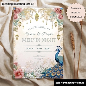 Könnte beinhalten: Eine Hochzeitseinladung für eine Mehndi-Nacht. Die Einladung zeigt ein Pfauenmotiv mit floralen Akzenten und einem goldenen und weißen Hintergrund. Der Text lautet "Sie sind eingeladen zur Mehndi-Nacht von Roshan & Priya, 10. August 2025".