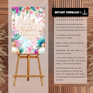 May include: A digital printable sign for a Mehndi night celebration. The sign features a floral design with lanterns and the text "Welcome to Rishika's Mehndi Night 05.09.25".