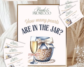 Gra „Perły i prosecco” na wieczór panieński, zabawna dekoracja na wieczór panieński, znak „Ile pereł jest w słoiku”, Canva JPEG i PDF A4