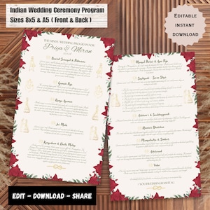 Hindu Wedding Program & Indian Wedding Program, Gujarati Wedding Program, Indian Wedding Guide, Hindu Wedding Ceremony  Editable Template.
