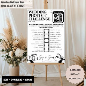 Benutzerdefinierte Hochzeitsfoto-Challenge Sip und Solve Sip und Snap Hochzeitsspielkarte, minimalistische moderne Hochzeit Sofortdownload und Vorlage bearbeiten.