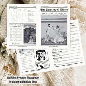 以下が含まれることがあります： クロスワードパズル、カップルに関する事実のリスト、QRコード、新郎新婦の写真が掲載された白黒の結婚式プログラム新聞テンプレート。見出しは「The Newlywed Times」と「The Wedding of the Year」です。