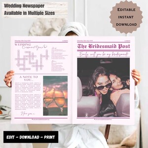 Peut inclure: Un modèle de journal de mariage imprimable avec un thème rose et blanc. Le côté gauche présente une grille de mots croisés et une note à remplir. Le côté droit présente une photo de deux femmes avec le texte "The Bridesmaid Post" et "Emily, will you be my bridesmaid?"