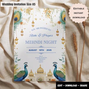 Könnte beinhalten: Eine Hochzeitseinladung für eine Mehndi-Nacht. Die Einladung hat einen weißen Hintergrund mit goldenen und grünen Akzenten, Pfauen und Laternen. Der Text lautet "Sie sind eingeladen zu Rishi & Priya's Mehndi Night, 10. August 2025".