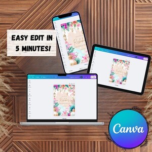 May include: A laptop screen displaying a digital design template for a Mehndi party invitation. The design features a floral pattern with lanterns and the text "Welcome to Rishbah's Mehndi Night". The laptop is on a wooden surface with a Canva logo in the lower right corner.