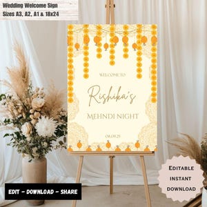 Letrero de bienvenida de Mehndi amarillo, letrero de Mehndi, letrero de Haldi, letrero de bienvenida de Sangeet, letrero de Dholki, letrero de bienvenida de Haldi, letrero de bienvenida de boda india.