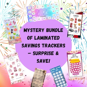 May include: A pink and purple background with a variety of savings trackers. The trackers are laminated and feature different themes, including a summer holiday, a London trip, a jam jar, a gift, and a winter savings theme. The text "MYSTERY BUNDLE OF LAMINATED SAVINGS TRACKERS - SURPRISE & SAVE!" is in the centre of the image.