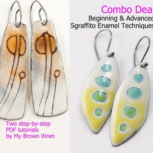 May include: Two pairs of earrings with enamel designs. The first pair features a white background with brown lines and orange circles. The second pair features a yellow background with green and blue circles. The text "Combo Deal Beginning & Advanced Sgraffito Enamel Techniques" is at the top of the image. The text "Two step-by-step PDF tutorials by My Brown Wren" is at the bottom of the image.