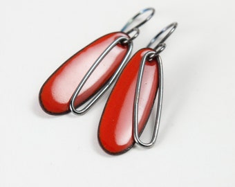 Bright Red Earrings - Red Enamel Earrings - Enamel and Silver Earrings - Small Earrings - Contemporary Enamel Earrings, My Brown Wren