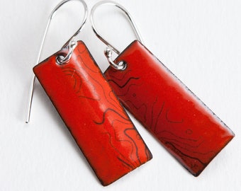 Red Enamel Earrings - Topographic Map Earrings - Enamel Decals - Enamel Topo Jewelry - My Brown Wren