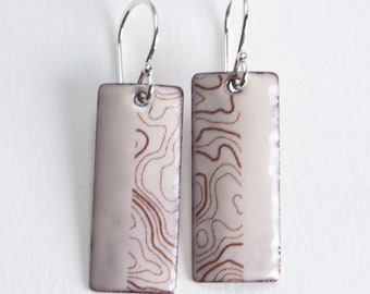 Light Gray Enameled Copper Earrings with Topographic Map Design on Handmade Sterling Silver Ear Wires