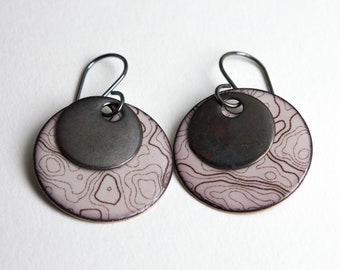 Light Neutral Gray Enamel Topo Map Earrings, Mixed Metal, Topographic Map, Enamel Decals, My Brown Wren Jewelry