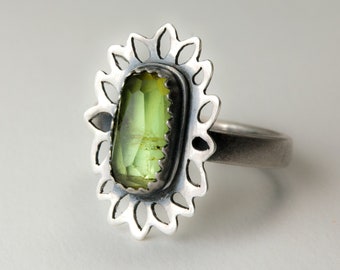 Sterling Silver and Tourmaline Zinnia Ring, Silver Flower Ring, Green Tourmaline Ring, Saw Pierced Ring, My Brown Wren Jewelry