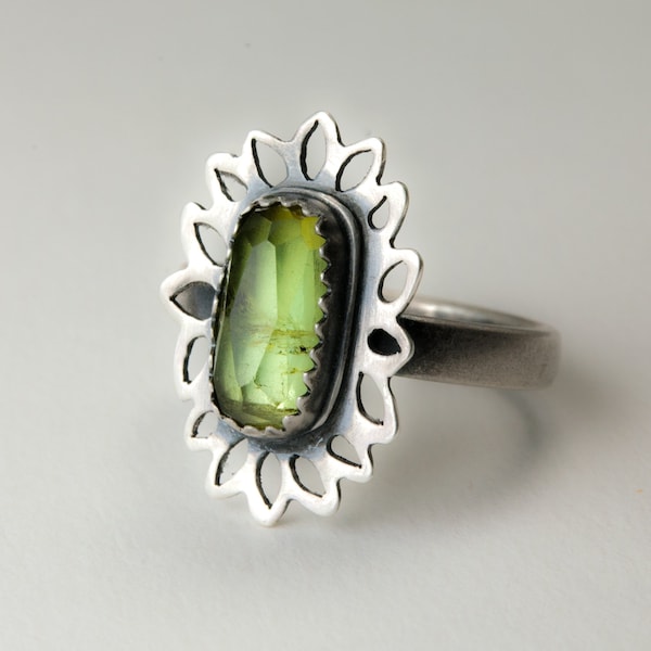 Sterling Silver and Tourmaline Zinnia Ring, Silver Flower Ring, Green Tourmaline Ring, Saw Pierced Ring, My Brown Wren Jewelry