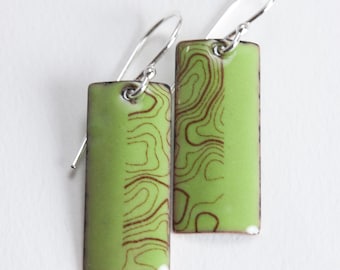 Green Enameled Copper Earrings - Topographic Maps -Enamel Decals - Topo Earrings - My Brown Wren - Enamel Earrings - Map Earrings