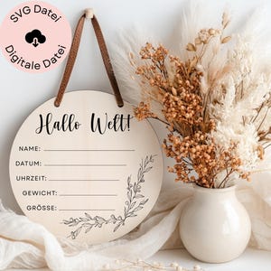 Carte jalon SVG, fichier laser, signe de naissance SVG nouveau-né, panneau en bois Hello World!, cadeau de naissance, signe de naissance, design 2