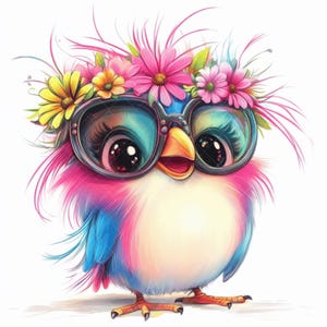 Imágenes prediseñadas de pájaros florales caprichosos, descarga digital, pájaros divertidos, imágenes prediseñadas digitales JPG, imágenes prediseñadas de acuarela, licencia comercial, imprimible