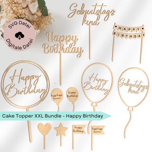 Arquivo a laser 19 topos de bolo para aniversários, topo de bolo SVG, decoração de bolo Feliz Aniversário, arquivo SVG cortado a laser incluindo licença comercial, pacote XXL