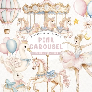 Carousel Watercolor Clipart, Baby Shower Art, Nursery Decor, Carnival Clipart, Birthday Party PNG, Pony Clipart, Digital Download