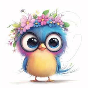 Whimsical Flower Birds Clipart, Digital Download, Funny Birds, Digital Clipart, JPG, Watercolor Clipart, Commercial License, Cute Birds