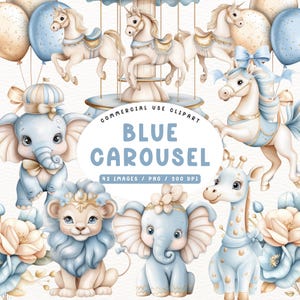 Może przedstawiać: Cyfrowa ilustracja z karuzelą z białymi końmi i niebieskimi akcentami, otoczona przez zwierzęta dla dzieci, takie jak słonie, lew i żyrafa. Widoczny jest tekst "BLUE CAROUSEL", wraz z "42 OBRAZY / PNG / 300 DPI".